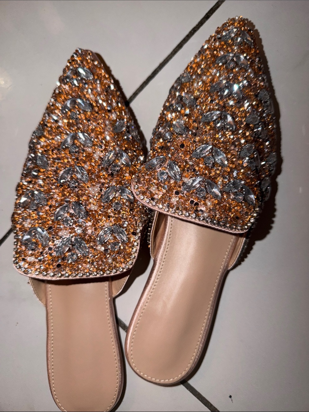 Embellished Rose Gold Crystal-Detail Women's Slip-On Mules NEVER BEEN WORN